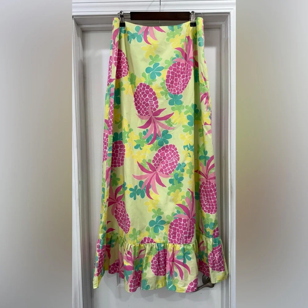 Lilly Pulitzer Vintage Pink Pineapple Floral Ruffled Maxi Skirt Size 12 - Picture 1 of 12
